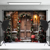 Lofaris Kiefer Blätter Glocken Retro Holz Tür Weihnachten Hintergrund